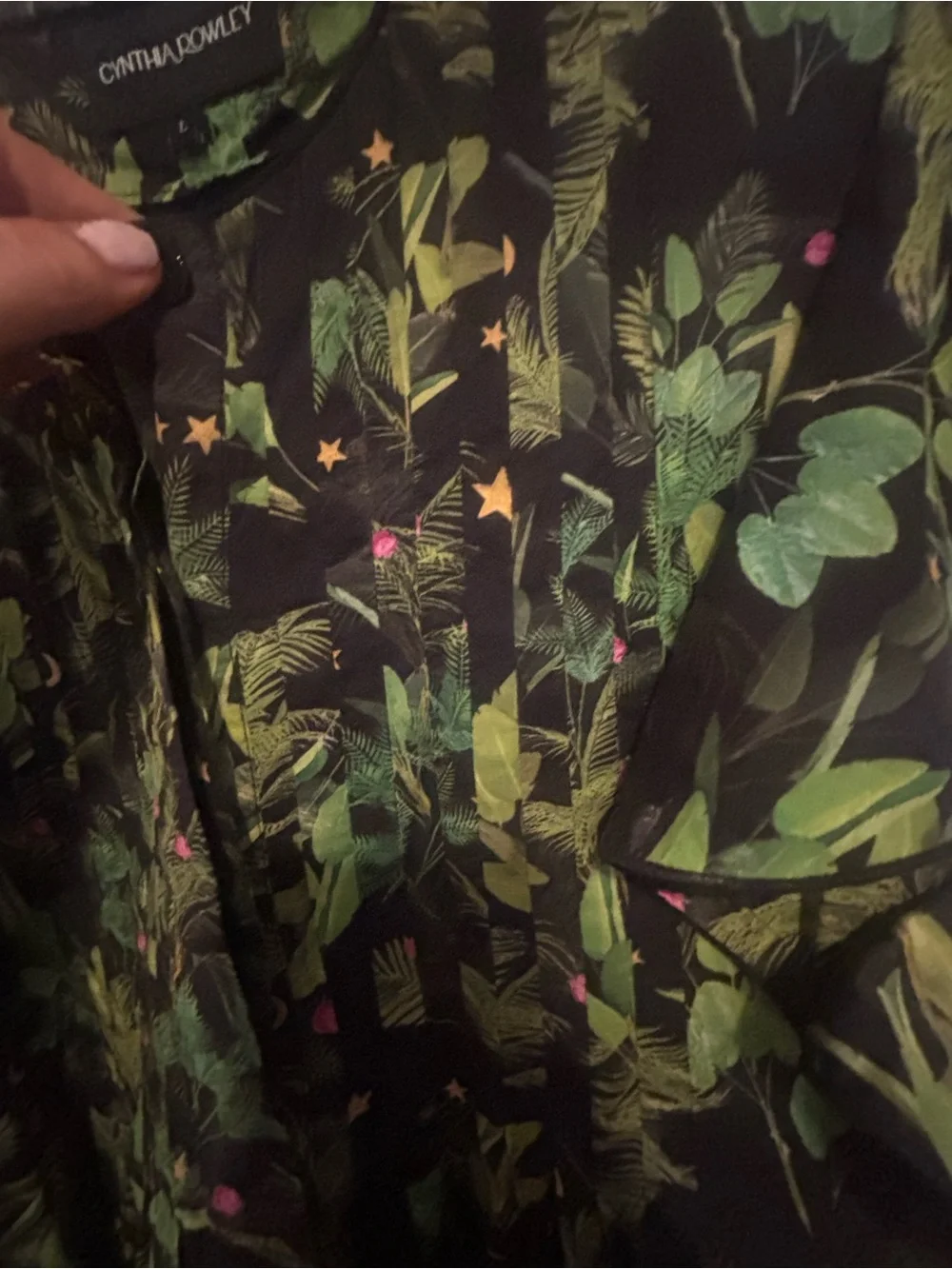Cynthia Rowley Black Maxi Dress with Green Botanical Print and Pink Accents
